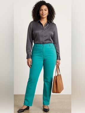 RUBY RD Vibrant TURQUOISE  Cotton Casual Pants with Part Elastic Waist Size 18